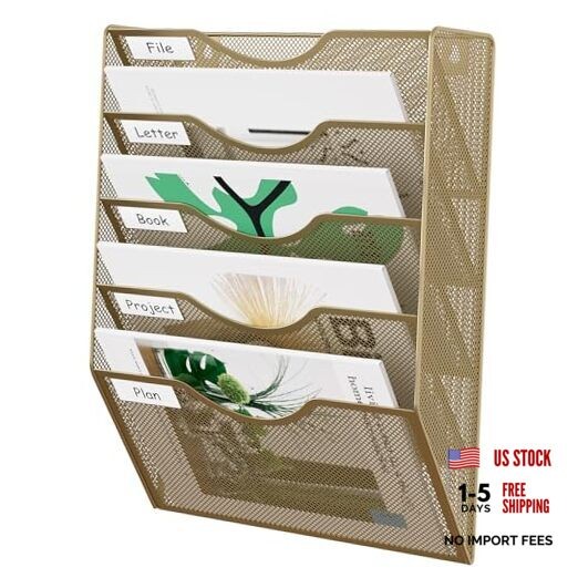 Wall File Organizer Hanging Paper Folder Holder, Zero Assembly 5 Tier Gold
