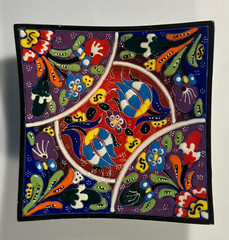 Turkish Hand Painted Polychrome Ceramic Plate Plants Raised Edges Square 5.5 in!