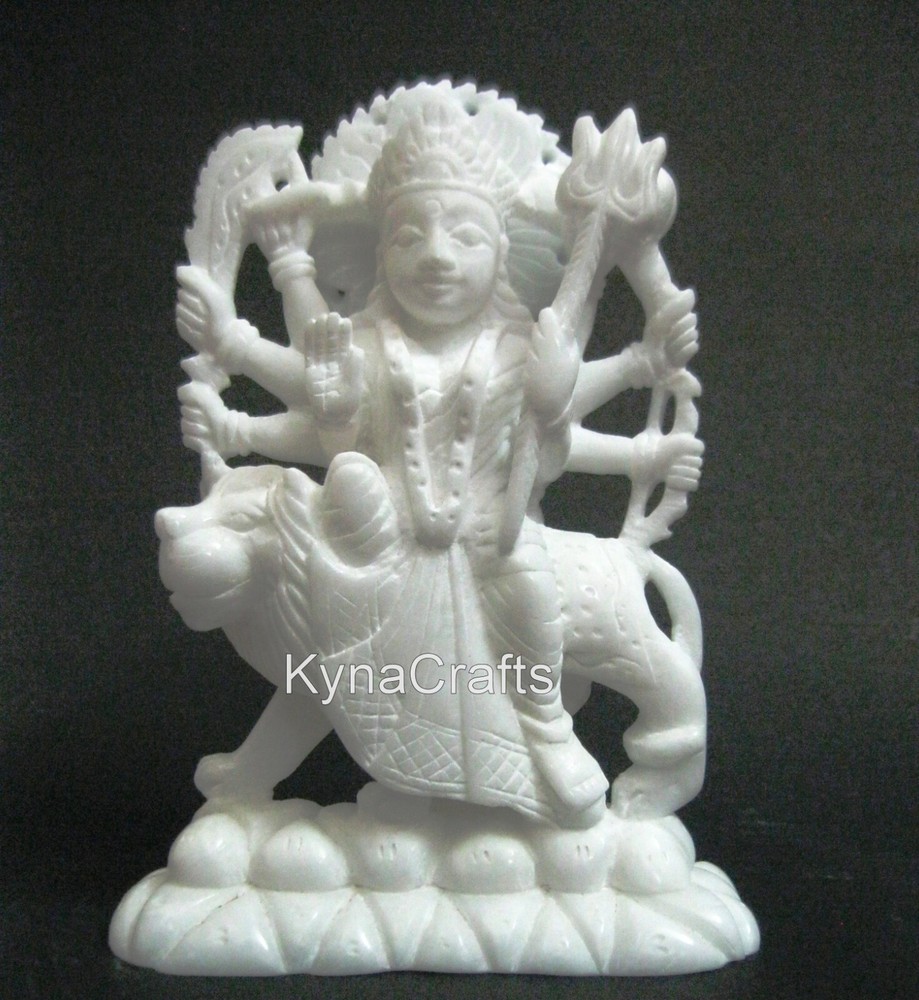 White Marble Mata Rani Statue Carving Work Sherowali Maa Sculpture 7 Inches