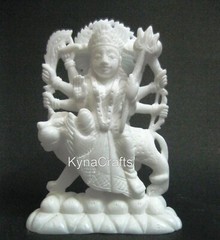 White Marble Mata Rani Statue Carving Work Sherowali Maa Sculpture 7 Inches
