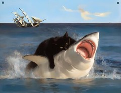 Cat Biting Shark Funny Cat And Shark Humor Aluminum Sign 8″x10″