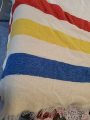 Vtg 50s Cabin Frontier Wool Throw Blanket Striped Point 78×66″ Twin Fringe Camp