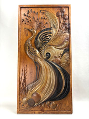 Peacock 3D Wood Carved Carving Wall Hanging Art Vintage Style in Gold and Black