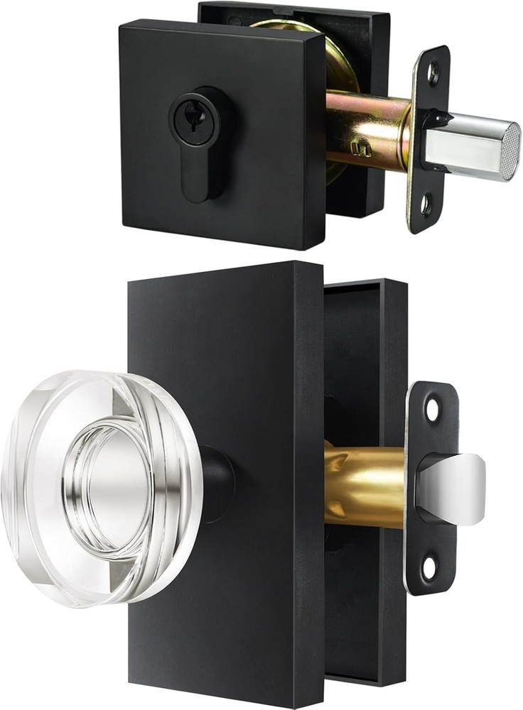 Crystal Glass Passage Door Knob and Single Cylinder Deadbolt Combo Set Key Lo…