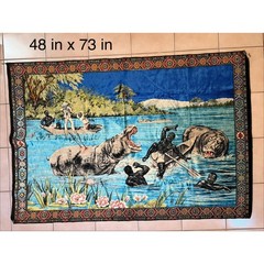 Vintage Velvet Wall Tapestry African Safari Hippo River Scene Large 48×73