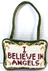 I Believe In Angels Needlepoint Green Velvet Door Hanger Pillow