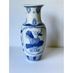 Vintage Blue & White Chinoiserie Vase | 10″ Porcelain Lotus Flower and Bird Vase