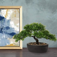 Artificial Bonsai Tree Juniper Faux Plants Indoor Small Fake 9in, Green Ficus