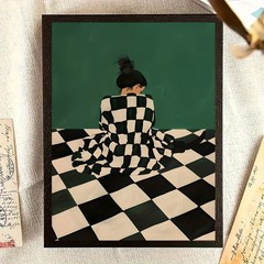 Framed Canvas Print Back View Girl Black White Checker Outfit Green Wall Decor