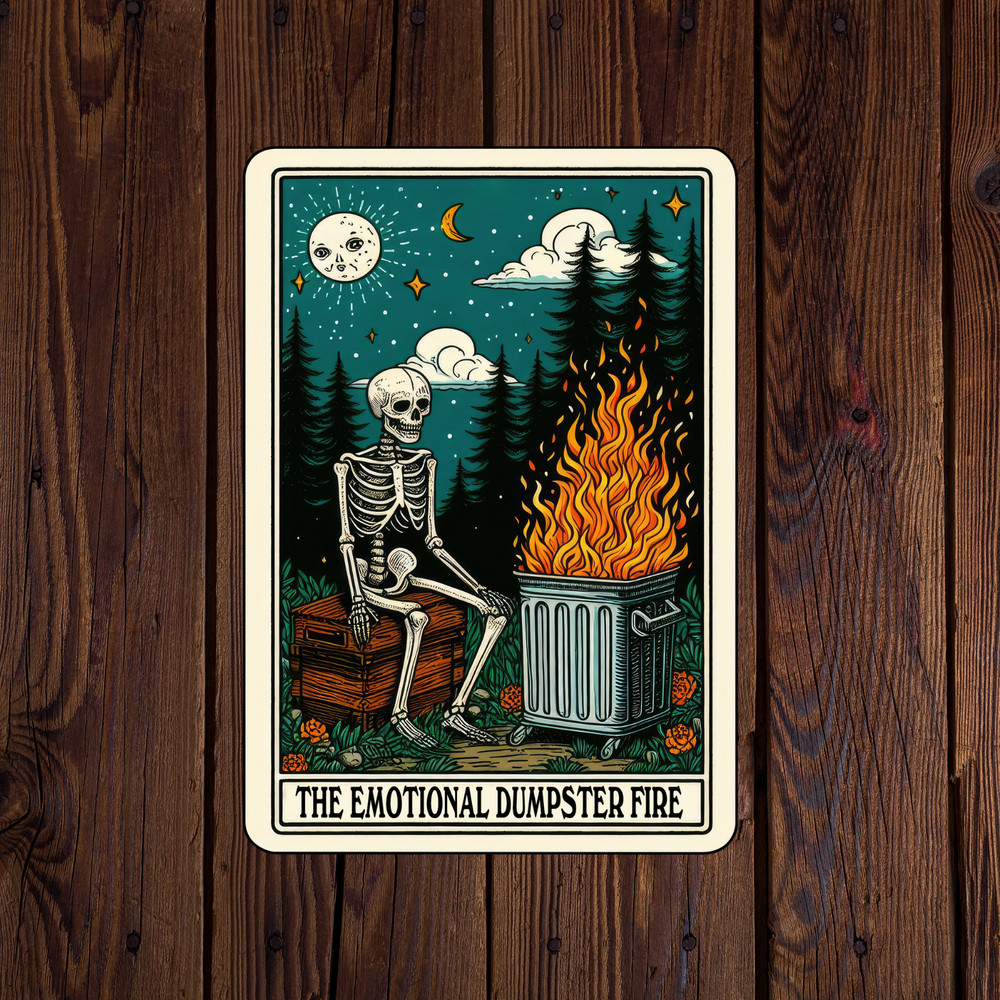 Tarot card sticker vinyl decal skeleton the emotional dumpster fire night sky