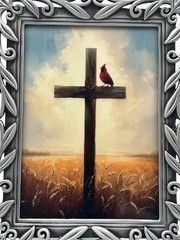 Christian Cross With Red Cardinal Wheat Field Mini Frame 2.5×3.5 Desk Art Faith