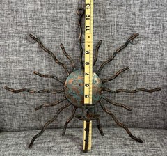 Vintage Copper Sun Face Wavy Rays Wall Decor With Candle Holder Verdigris Patina