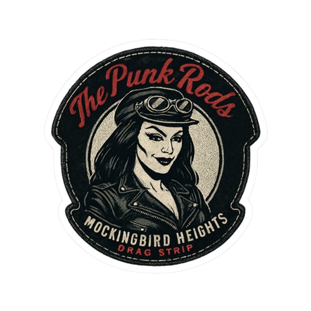 Sticker of The PUNK RODS, Lily Munster, Mockingbird Heights Drag Strip, leather