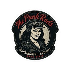 Sticker of The PUNK RODS, Lily Munster, Mockingbird Heights Drag Strip, leather