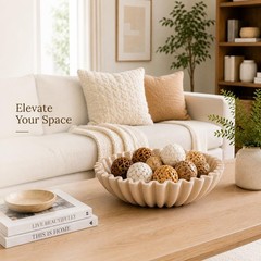 Beige Artificial Stone Ruffle Decorative Bowl Large Fruit Kitchen Entry Table