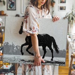 Textured Silhouette Horse Canvasminimalist Black On White Wall Art