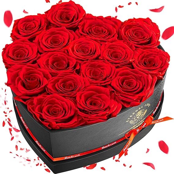 16 Preserved Flower, Fresh Forever Roses in Heart Shape Box.