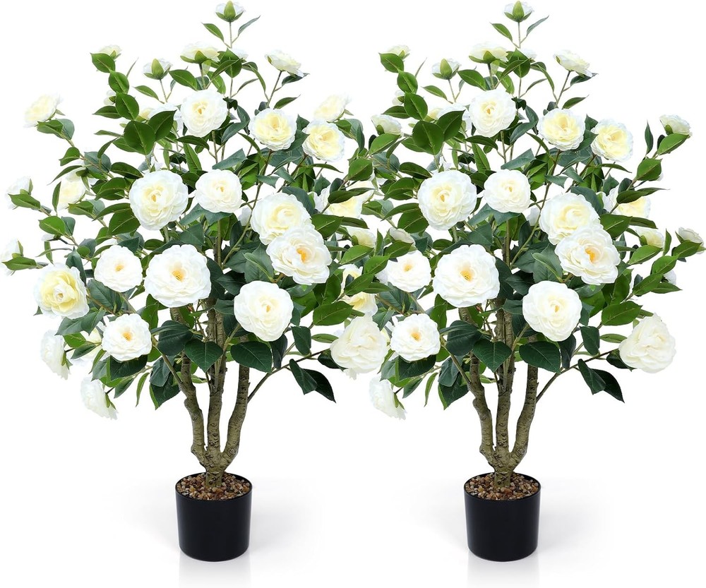 Artificial Camellia Tree 2 Pack 42″ Faux Camellia Plant in Pot with 32 Blooming