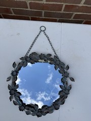 Vtg Metal Floral Wreath Wall Mirror Round Flower Leaf Frame Hanging Chain 12.5″