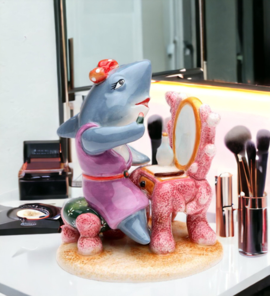 Ceramic Shark Putting on Makeup Figurine, Gift for Her, Gift for Mom, Home Decor