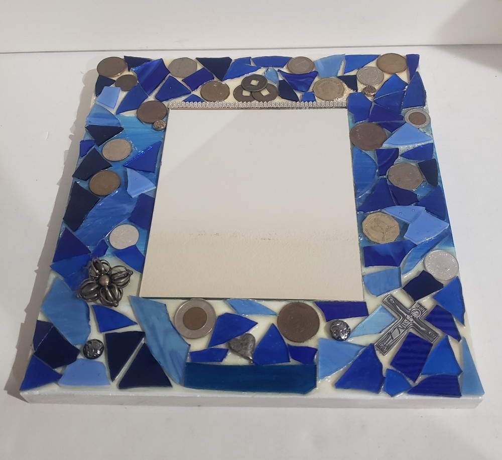 Handcrafted Blue Glass Mosaic Mirror Wood Frame Inlaid With Rare Coins & Emblems