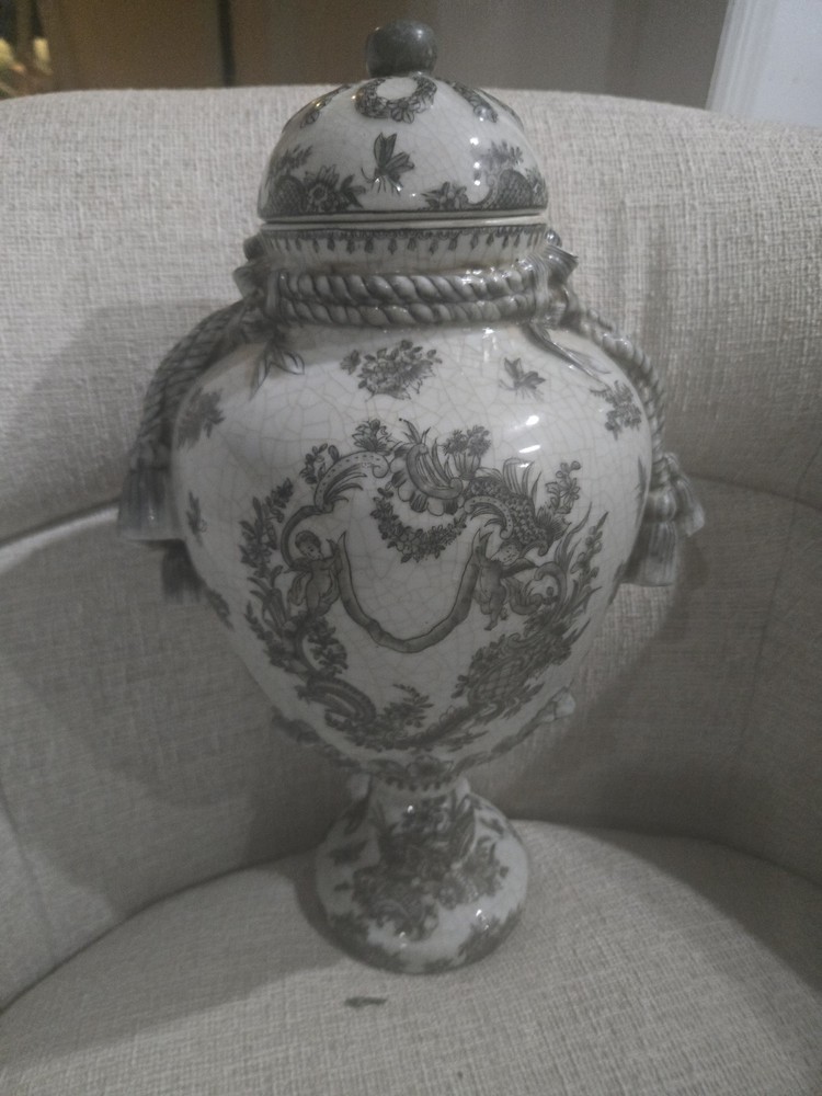 Chinese Export Black & White Porcelain Tassel Ginger Jar