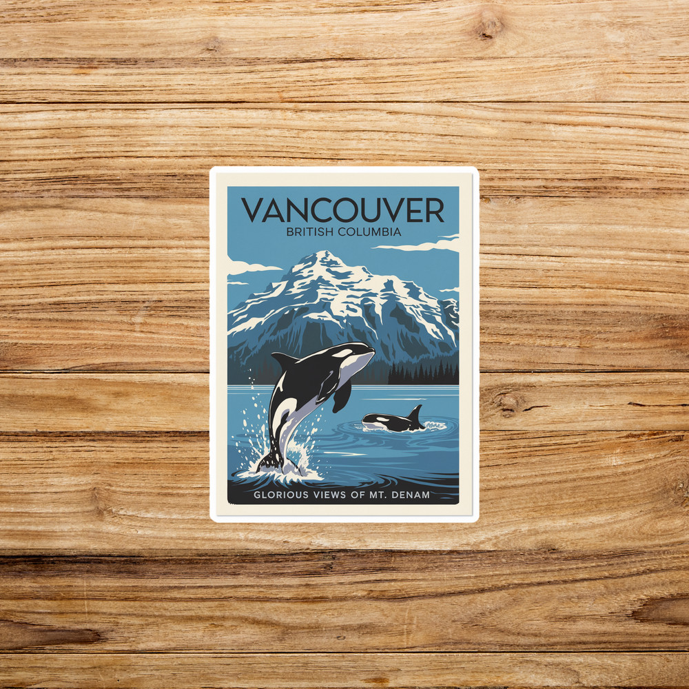 Vintage Vancouver British Columbia Canada Travel sticker – Orca Whales Mt Denam