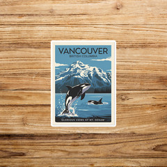 Vintage Vancouver British Columbia Canada Travel sticker – Orca Whales Mt Denam