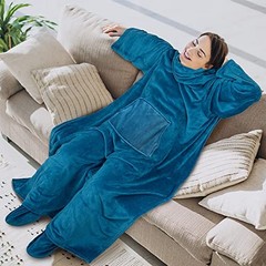 Blanket with Sleeves, Foot Pockets for Women Men Adults, Plush Fleece Sea Blue