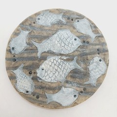 Fish Pattern Plate Clay Plaque Decor Round Blue Gray White 5″