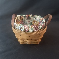 Longaberger Sm. Basket W/Floral Fabric, 1980s, Leather Handles 4.5”Wide, Signed
