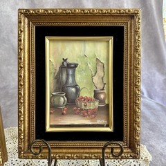 VTG Still Life Fruit Prints Pair Ornate Gold Tone Black Velvet Mats 8×10 MCM