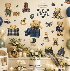 9 Sheets Blue Green Plaid Bear Wall Stickers Cute Vintage Nursery Decoration