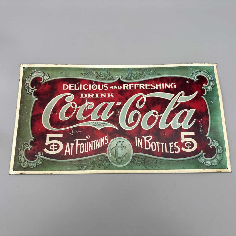 Vintage Metal Coca Cola Sign Faux Antique 5 Cents 16 in x 9 in