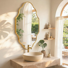Gold Scalloped Irregular Wall Mirror with Brushed Metal Frame, Modern Asymmetric