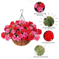 Geraniums Artificial Flowers Hanging Basket for Outdoors Outside Spring