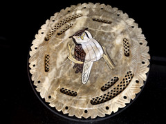 Vtg Round Marble Carved Cut-Out Plate With Ornate Edge & Owl Perched On a Branch