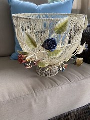 Shabby Chic Toleware Fruit Basket Planter Cream Color Metal Roses Cottage Core