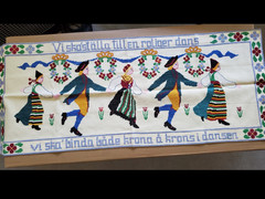 Swedish dancers in Dalarna costumes 40″ x 17′ wall hanging cross stitch tapestry