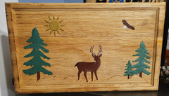 Deer, Mountains, Eagle, carved, wood sign, hand painted. Approx 13.25″X8″.