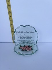 God Bless Our Home Glass Freestanding Decorative Plaque Floral Scalloped 7.75in