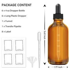 6 Pack, 4 oz Dark Amber Dropper Bottles with Measured 4oz,