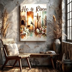 Wall Art He Is Risen Easter Cross Empty Tomb Floral Christian Religious Decor