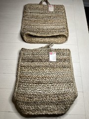 Set Of 2 Handwoven 100% Jute Wall Hanging Baskets Storage With Hardware NOS