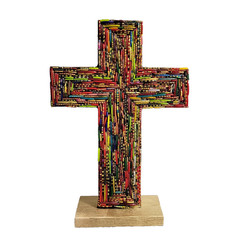 Colorful Mosaic Cross Sculpture Boho Christian Religious Decor Resin Art 12.75″