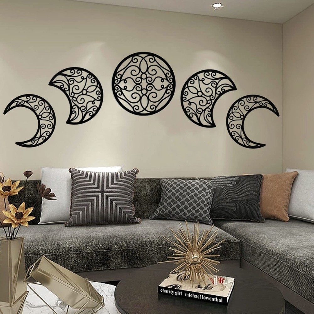 5 Pieces Moon Decoration Wall Decoration Wooden Moon Phase Wall Hanging Bohem…