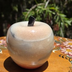 Vintage Carved Alabaster Stone Marble Apple Fruit Paperweight Light Ivory Pink