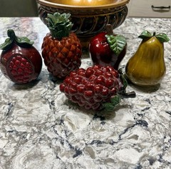 Ceramic Multicolor Fruit Centerpiece Bowl with Pineapple Pear Grapes Apple Pom