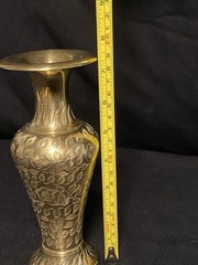 Brass Metal Engraved Floral Trumpet Flower Vase, Gold, 8 in Tall 4 in Wide