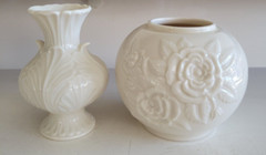 2 LENOX BEIGE PORCELAIN ROUND VASES WITH RAISED FLORAL DESIGN 4 INCHES